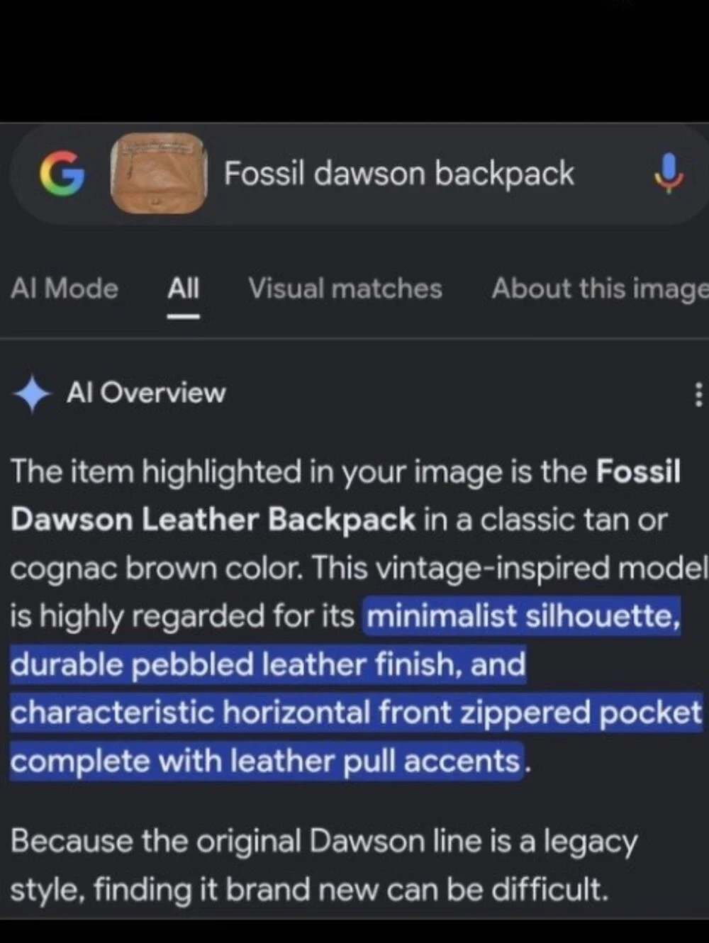 FOSSIL Legacy 'Dawson' Backpack BTS Camel Leather 16